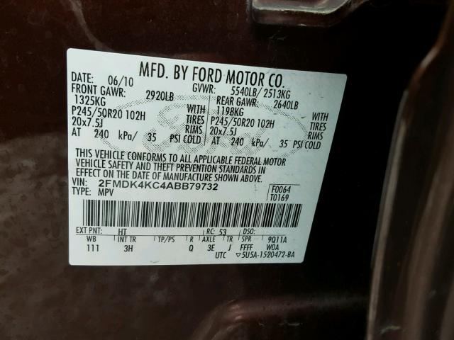 2FMDK4KC4ABB79732 - 2010 FORD EDGE LIMIT MAROON photo 10