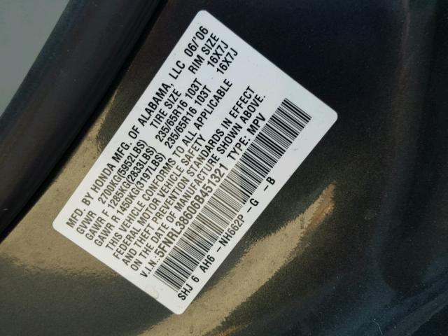 5FNRL38606B451321 - 2006 HONDA ODYSSEY EX GRAY photo 10