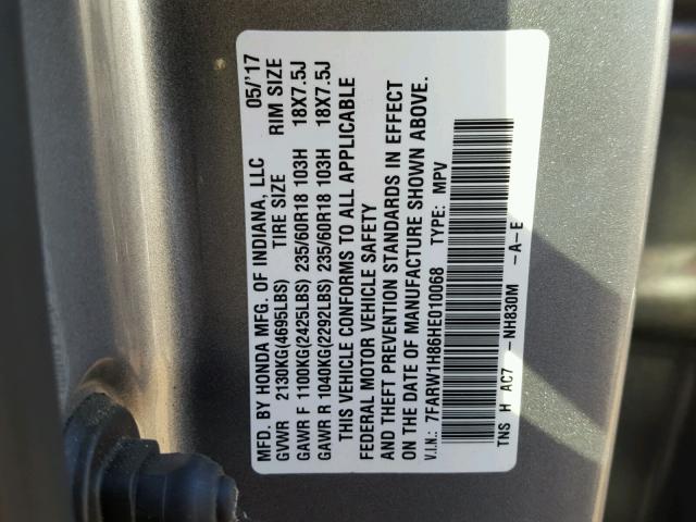 7FARW1H86HE010068 - 2017 HONDA CR-V EXL SILVER photo 10