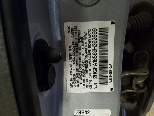 2HGFA16569H362599 - 2009 HONDA CIVIC LX SILVER photo 10