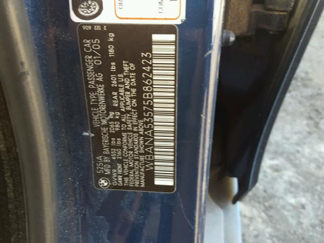 WBANA53575B862423 - 2005 BMW 525 I BLUE photo 10