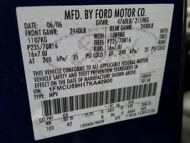 1FMCU59H17KA40900 - 2007 FORD ESCAPE HEV BLUE photo 10