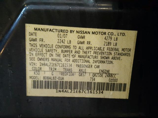 1N4AL21E67C161534 - 2007 NISSAN ALTIMA 2.5 GRAY photo 10