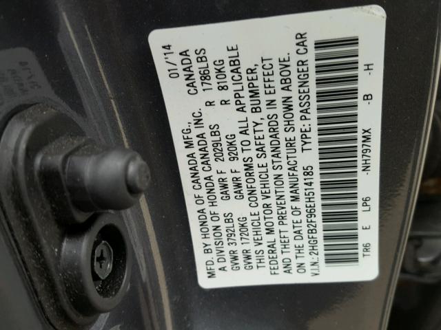2HGFB2F96EH514185 - 2014 HONDA CIVIC EXL 灰色 照片 10