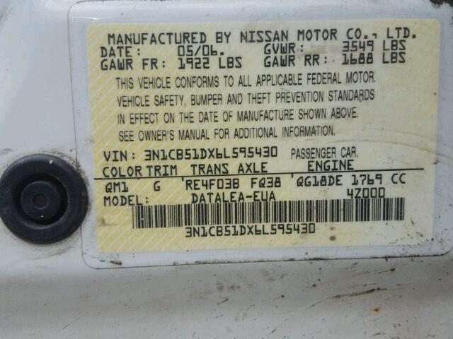 3N1CB51DX6L595430 - 2006 NISSAN SENTRA 1.8 WHITE photo 10