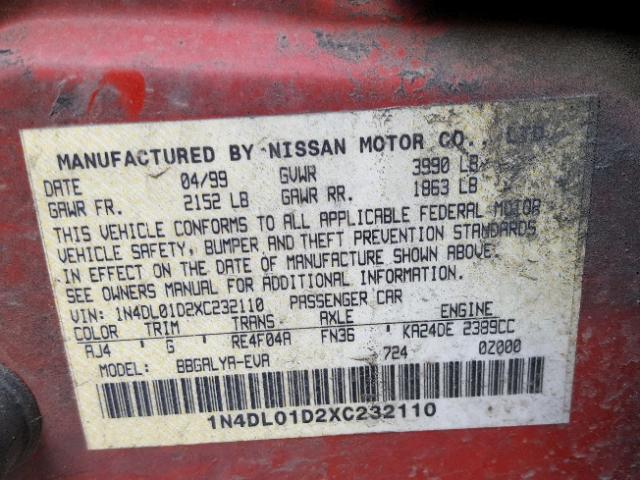 1N4DL01D2XC232110 - 1999 NISSAN ALTIMA XE RED photo 10