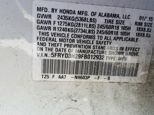 5FRYD3H29FB012932 - 2015 ACURA MDX WHITE photo 10