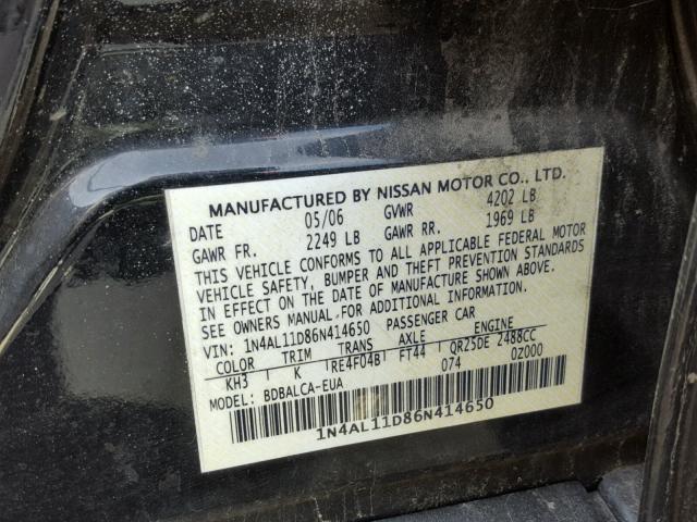 1N4AL11D86N414650 - 2006 NISSAN ALTIMA S BLACK photo 10