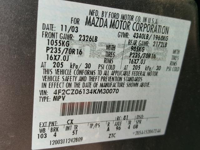 4F2CZ06134KM30070 - 2004 MAZDA TRIBUTE ES 灰色 照片 10