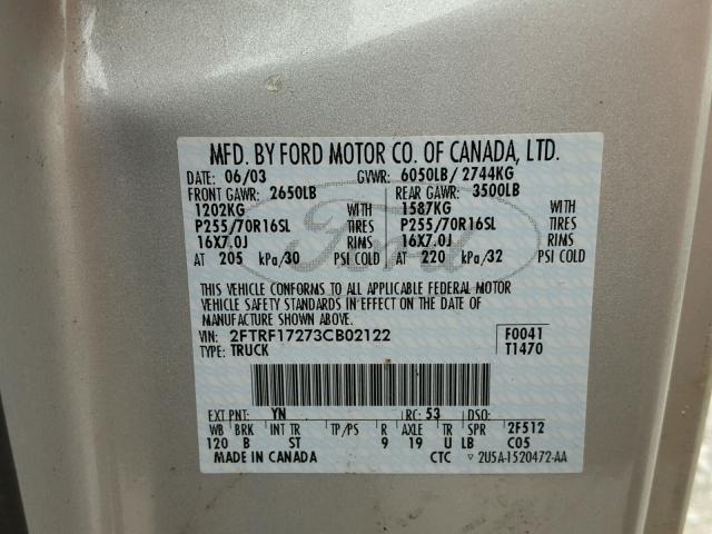 2FTRF17273CB02122 - 2003 FORD F150 GRAY photo 10