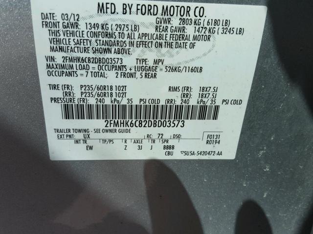 2FMHK6C82DBD03573 - 2013 FORD FLEX SEL ვერცხლისფერი ფოტო 10
