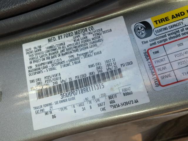 3FAHP07189R111315 - 2009 FORD FUSION SE GRAY photo 10