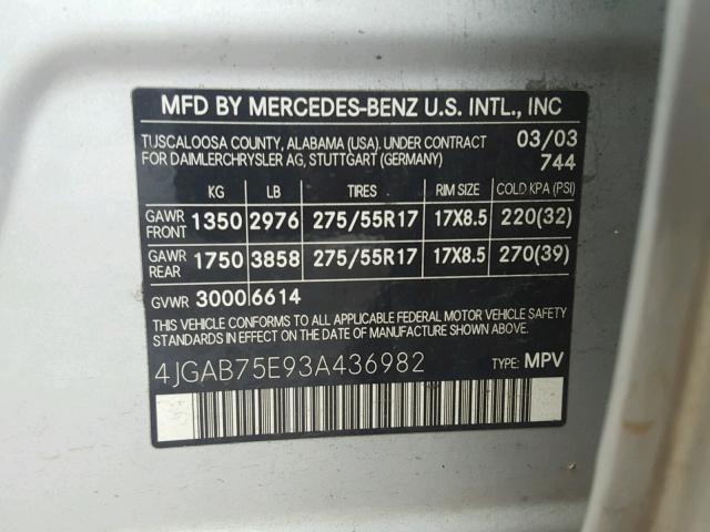 4JGAB75E93A436982 - 2003 MERCEDES-BENZ ML 500 SILVER photo 10