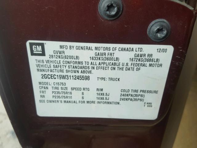 2GCEC19W311245598 - 2001 CHEVROLET SILVERADO MAROON photo 10