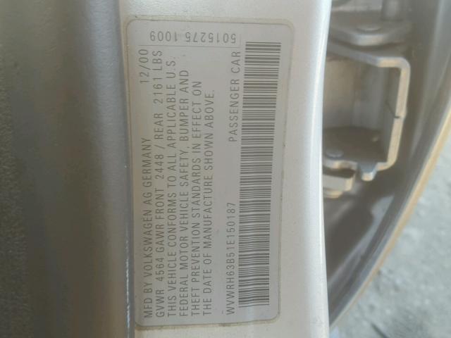 WVWRH63B51E150187 - 2001 VOLKSWAGEN PASSAT GLX SILVER photo 10