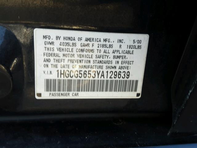 1HGCG5653YA129639 - 2000 HONDA ACCORD EX BLACK photo 10