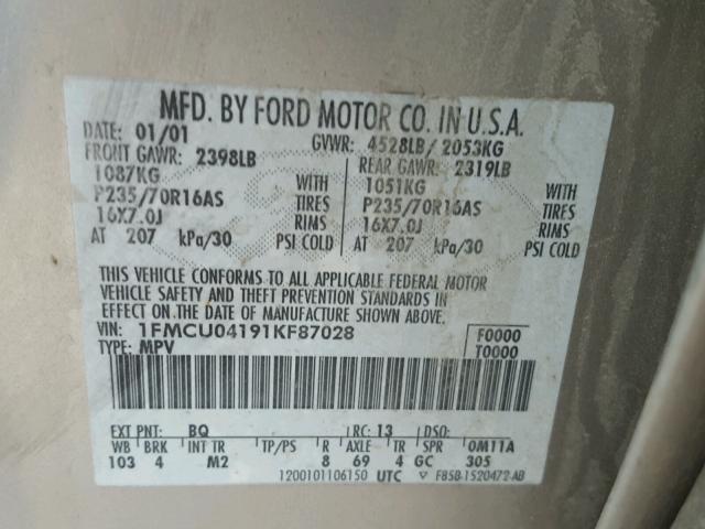 1FMCU04191KF87028 - 2001 FORD ESCAPE XLT TAN photo 10