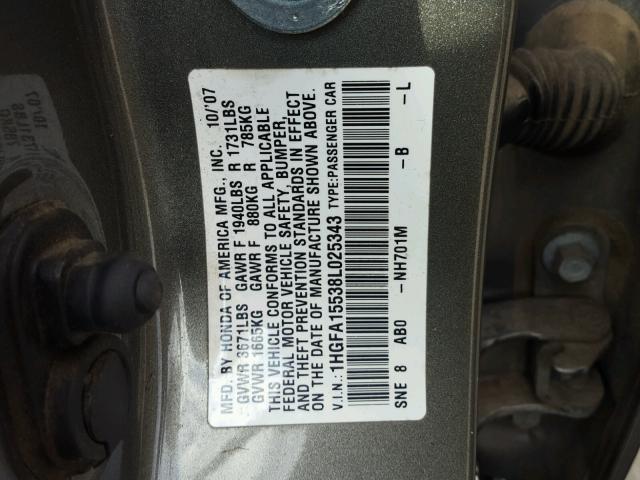 1HGFA15538L025343 - 2008 HONDA CIVIC LX CHARCOAL photo 10