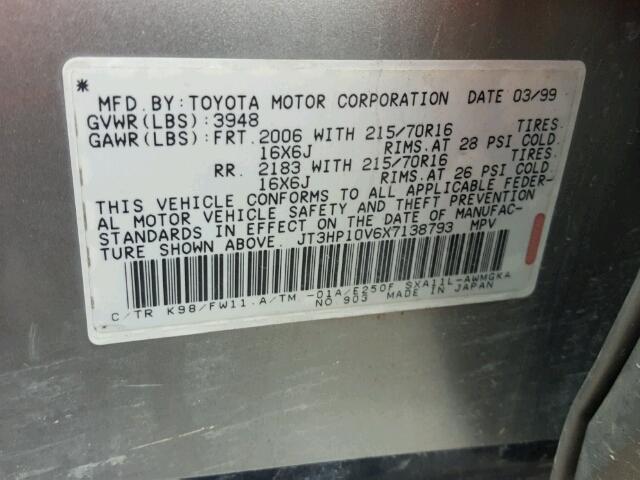 JT3HP10V6X7138793 - 1999 TOYOTA RAV4 GRAY photo 10