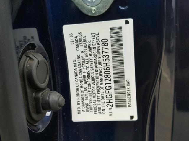 2HGFG12806H537780 - 2006 HONDA CIVIC EX BLUE photo 10