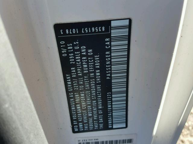 WVWBA7AJ1BW081273 - 2011 VOLKSWAGEN GOLF 白色 照片 10