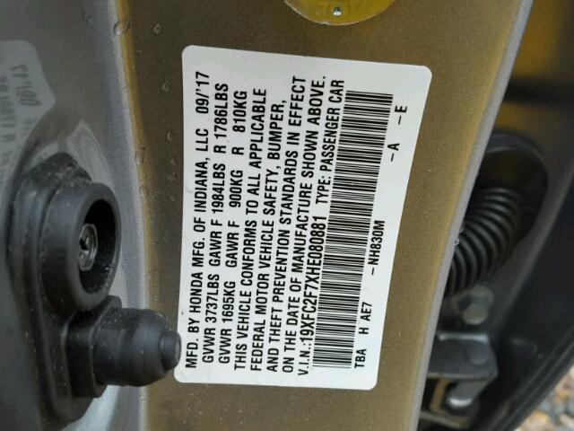 19XFC2F7XHE080881 - 2017 HONDA CIVIC EX ნაცრისფერი ფოტო 10