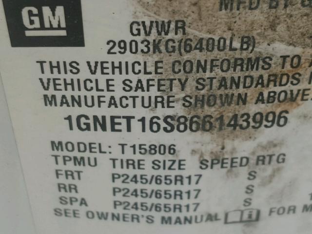 1GNET16S866143996 - 2006 CHEVROLET TRAILBLAZE WHITE photo 10