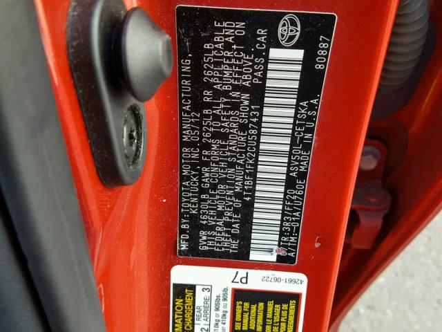 4T1BF1FK2CU587431 - 2012 TOYOTA CAMRY RED photo 10