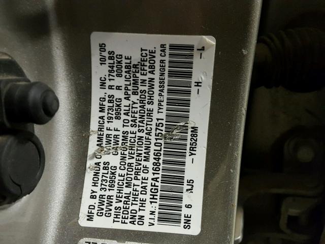 1HGFA16846L015751 - 2006 HONDA CIVIC EX SILVER photo 10