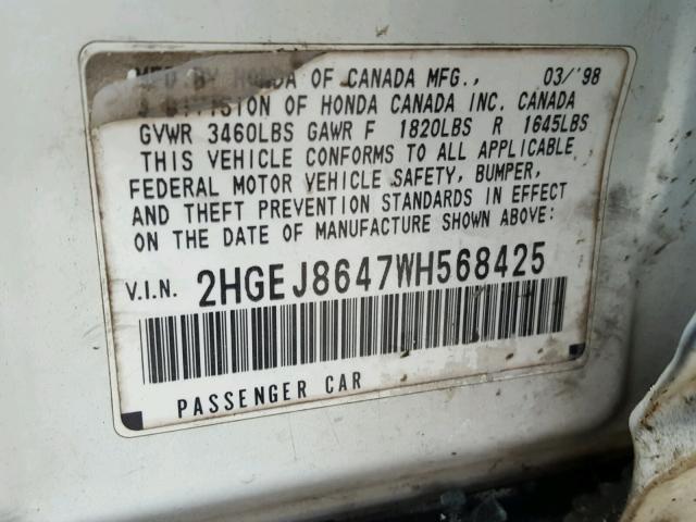 2HGEJ8647WH568425 - 1998 HONDA CIVIC EX WHITE photo 10