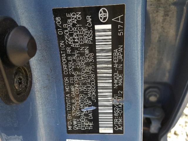 JTDKB20UX87751398 - 2008 TOYOTA PRIUS BLUE photo 10