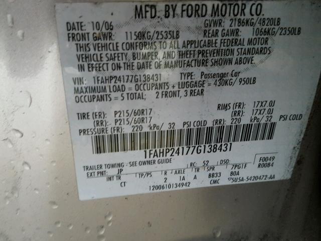 1FAHP24177G138431 - 2007 FORD FIVE HUNDR GRAY photo 10