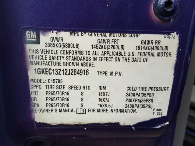 1GKEC13Z12J284916 - 2002 GMC YUKON PURPLE photo 10