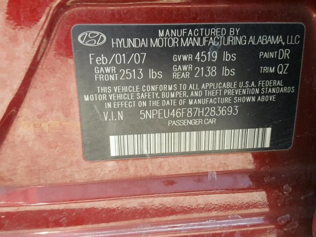 5NPEU46F87H283693 - 2007 HYUNDAI SONATA SE RED photo 10