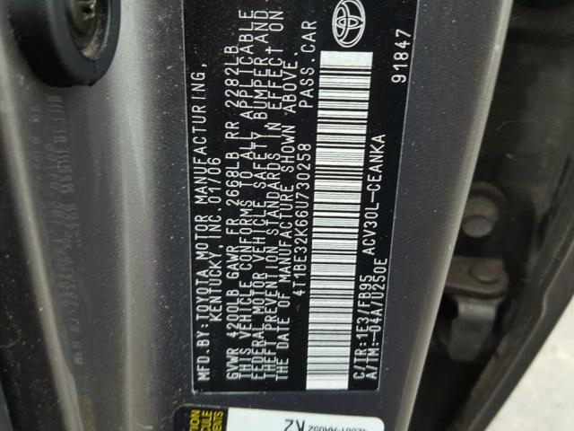 4T1BE32K66U730258 - 2006 TOYOTA CAMRY LE GRAY photo 10