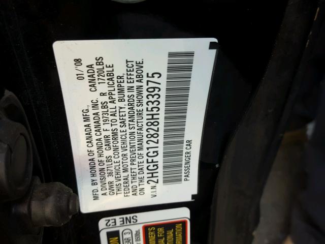 2HGFG12828H533975 - 2008 HONDA CIVIC EX BLACK photo 10