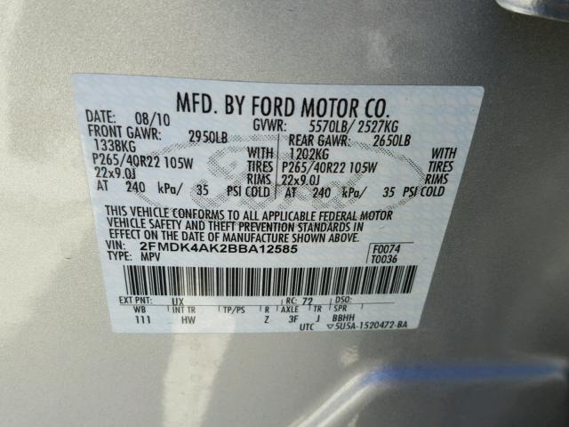 2FMDK4AK2BBA12585 - 2011 FORD EDGE SPORT SILVER photo 10