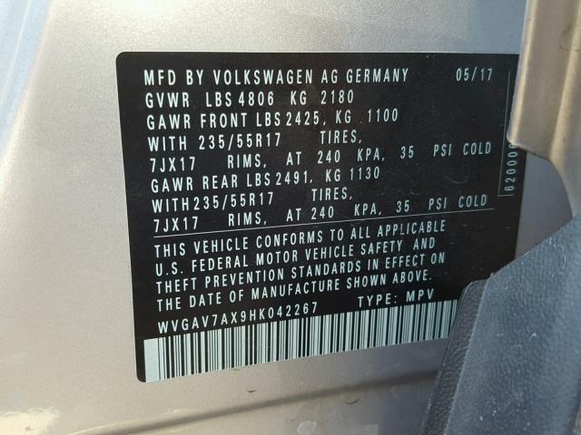 WVGAV7AX9HK042267 - 2017 VOLKSWAGEN TIGUAN S SILVER photo 10