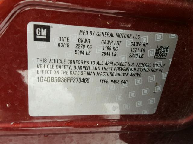 1G4GB5G36FF273466 - 2015 BUICK LACROSSE MAROON photo 10