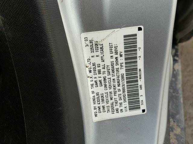 SHSRD78893U132882 - 2003 HONDA CR-V EX SILVER photo 10