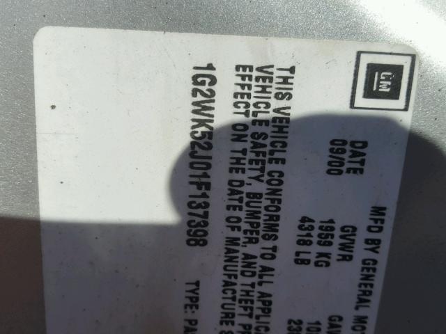 1G2WK52J01F137398 - 2001 PONTIAC GRAND PRIX SILVER photo 10