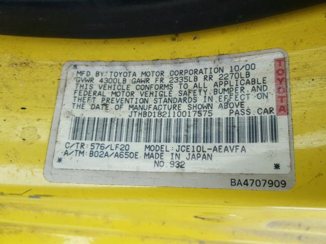 JTHBD182110017575 - 2001 LEXUS IS 300 YELLOW photo 10