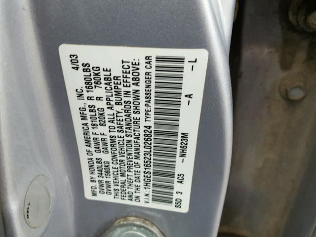 1HGES16523L026824 - 2003 HONDA CIVIC LX SILVER photo 10