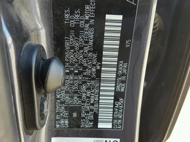 JTEBU14R478078011 - 2007 TOYOTA 4RUNNER SR GRAY photo 10