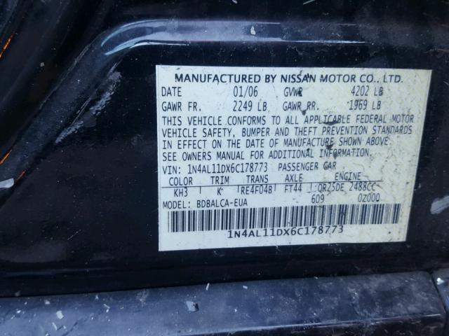 1N4AL11DX6C178773 - 2006 NISSAN ALTIMA S BLACK photo 10