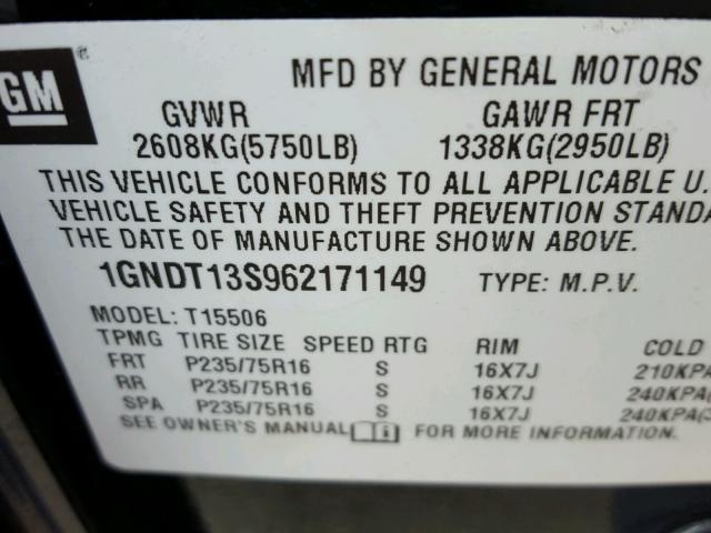 1GNDT13S962171149 - 2006 CHEVROLET TRAILBLAZE BLACK photo 10