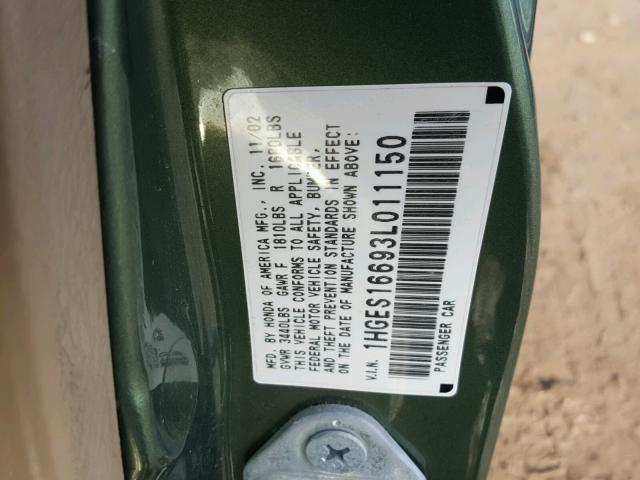 1HGES16693L011150 - 2003 HONDA CIVIC LX GREEN photo 10