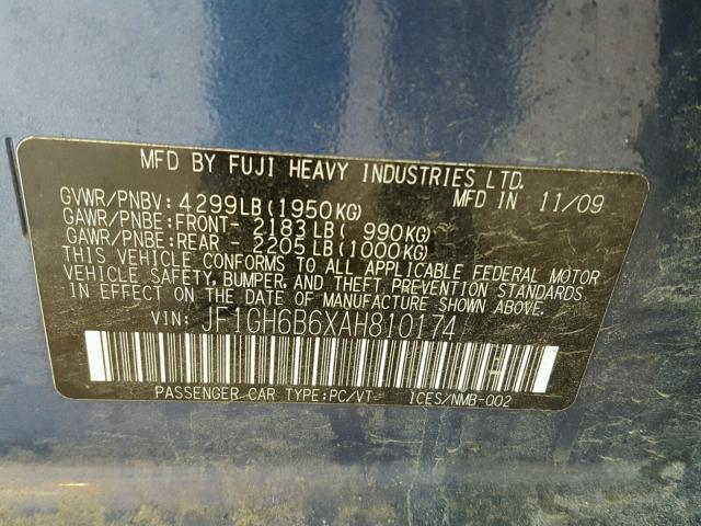 JF1GH6B6XAH810174 - 2010 SUBARU IMPREZA 2. BLUE photo 10