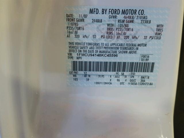 1FMCU94148KC45596 - 2008 FORD ESCAPE LIM WHITE photo 10