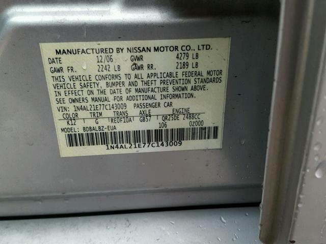 1N4AL21E77C143009 - 2007 NISSAN ALTIMA 2.5 SILVER photo 10